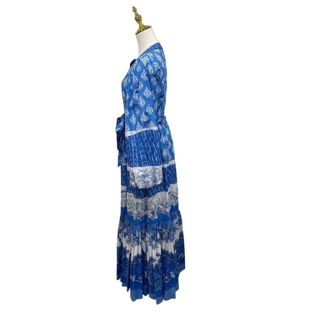 A Loves A Border Print Mandarin Collar Long Sleeve Button Front/Tie Maxi Dress - Picture 7 of 12